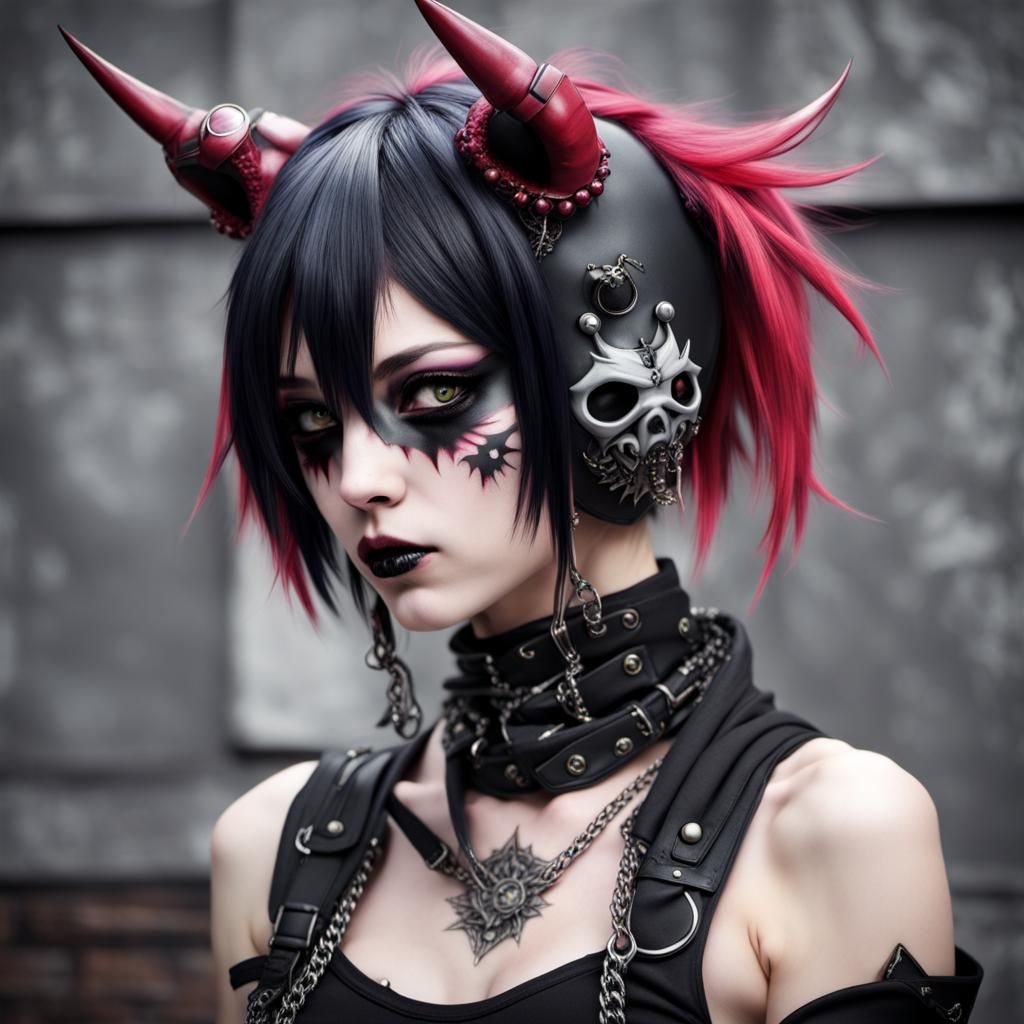 Anime Punk Goth Girl with Oni Mask