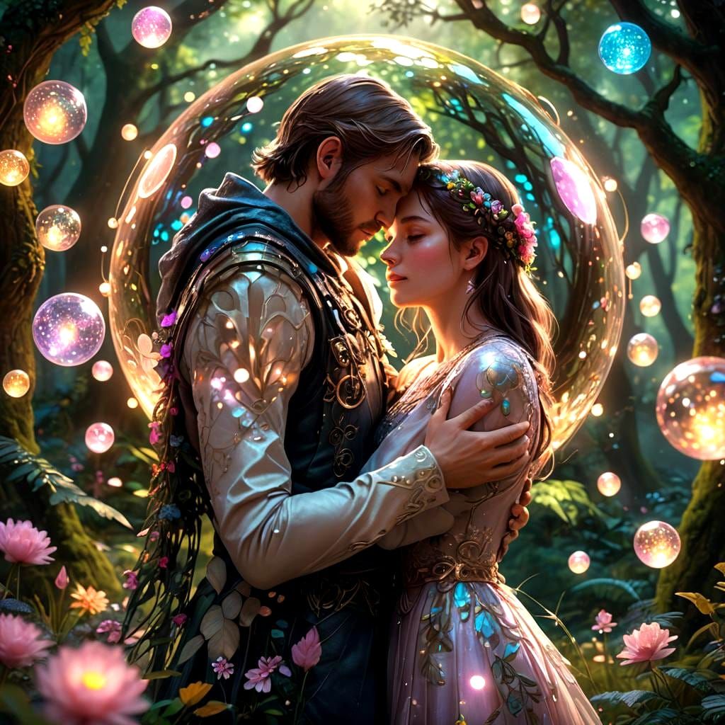 Fantastical Lovers' Kiss: A Detailed Matte Painting