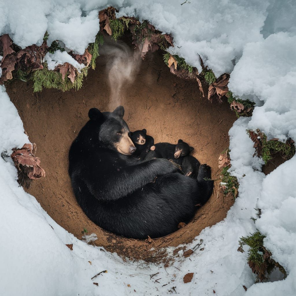 Black Bear Mother and Cubs in Winter Den