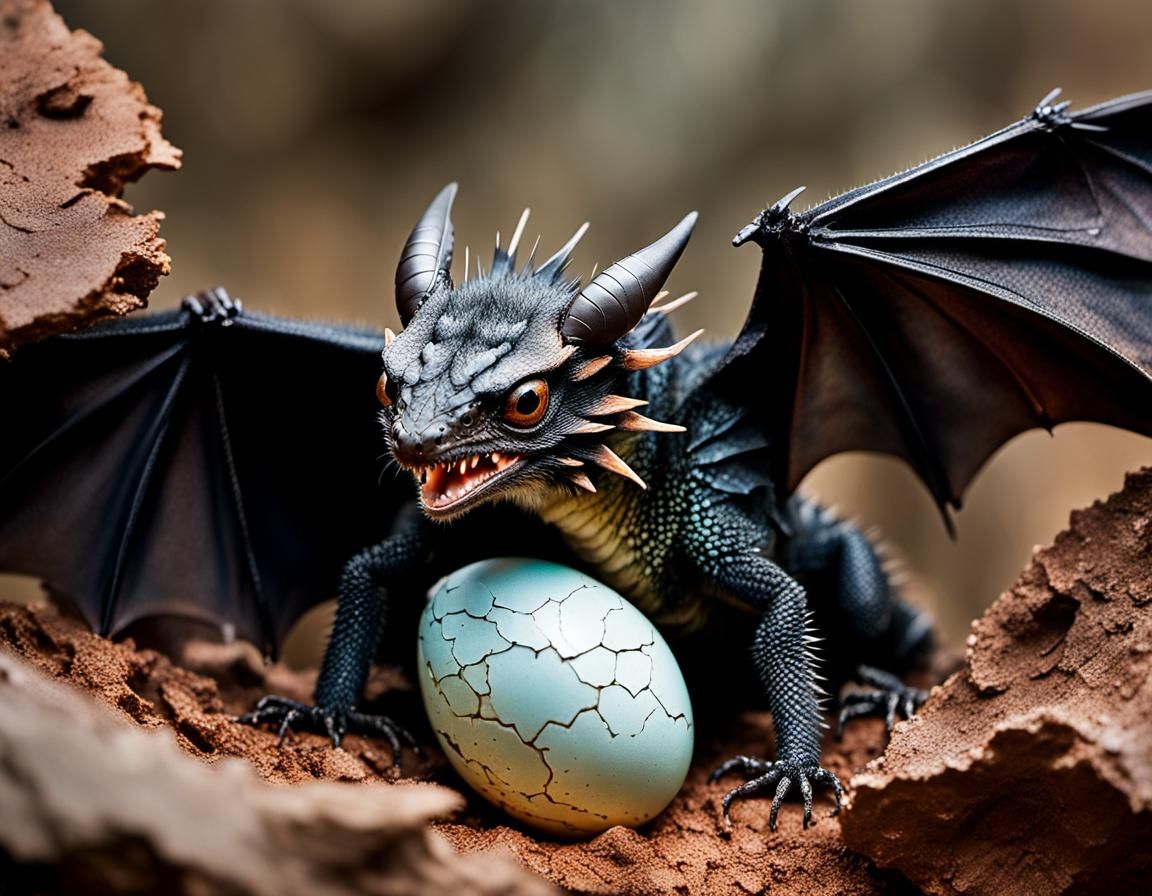 Vivid Close-Up Dragon Wyrmling Emerges from Mottled Eggshell