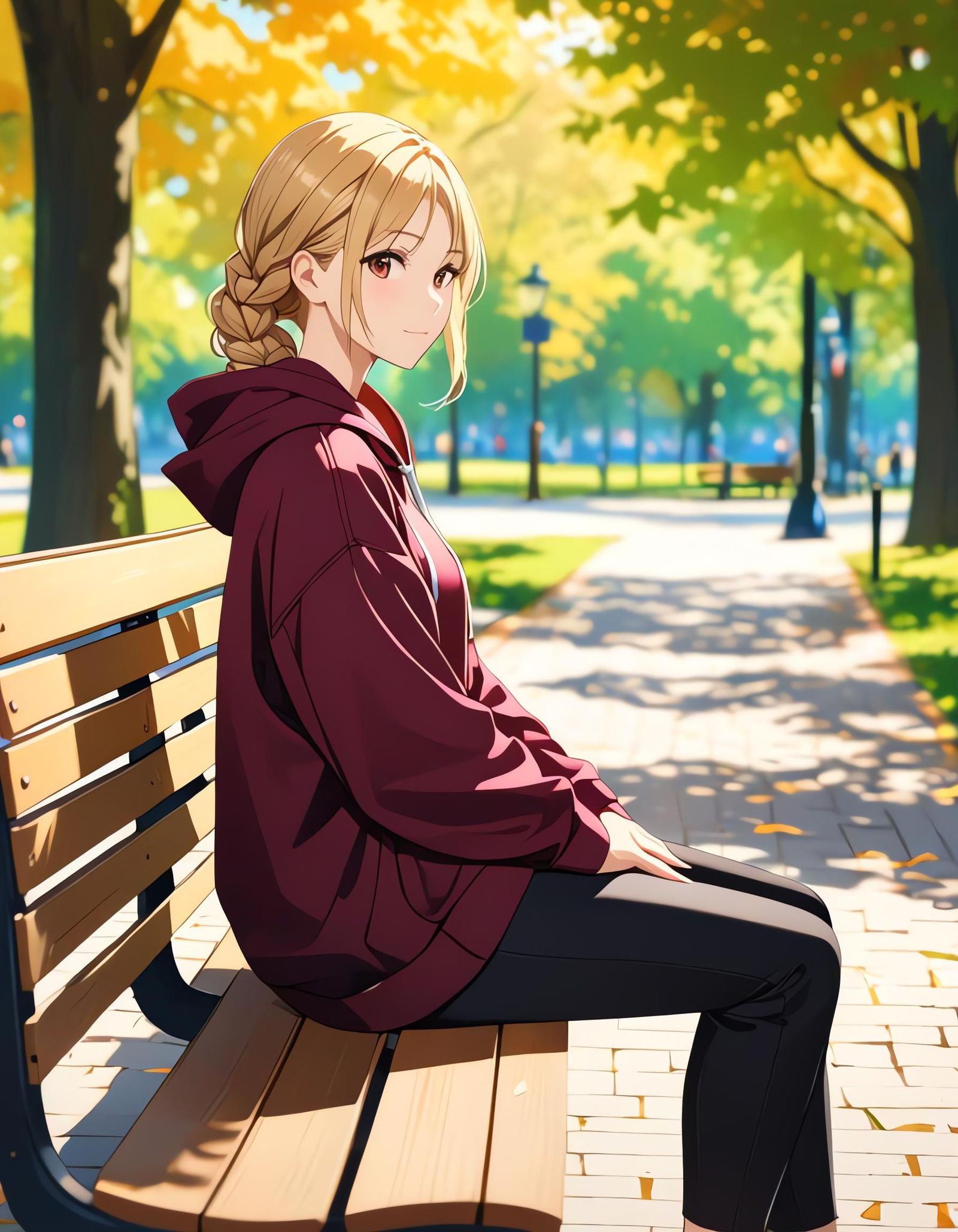 Girl with Braids Sitting on Park Bench
