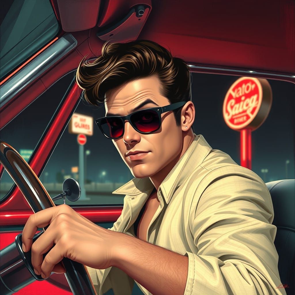 Cyberpunk Greaser Struts Through Futuristic Drive-in Diner