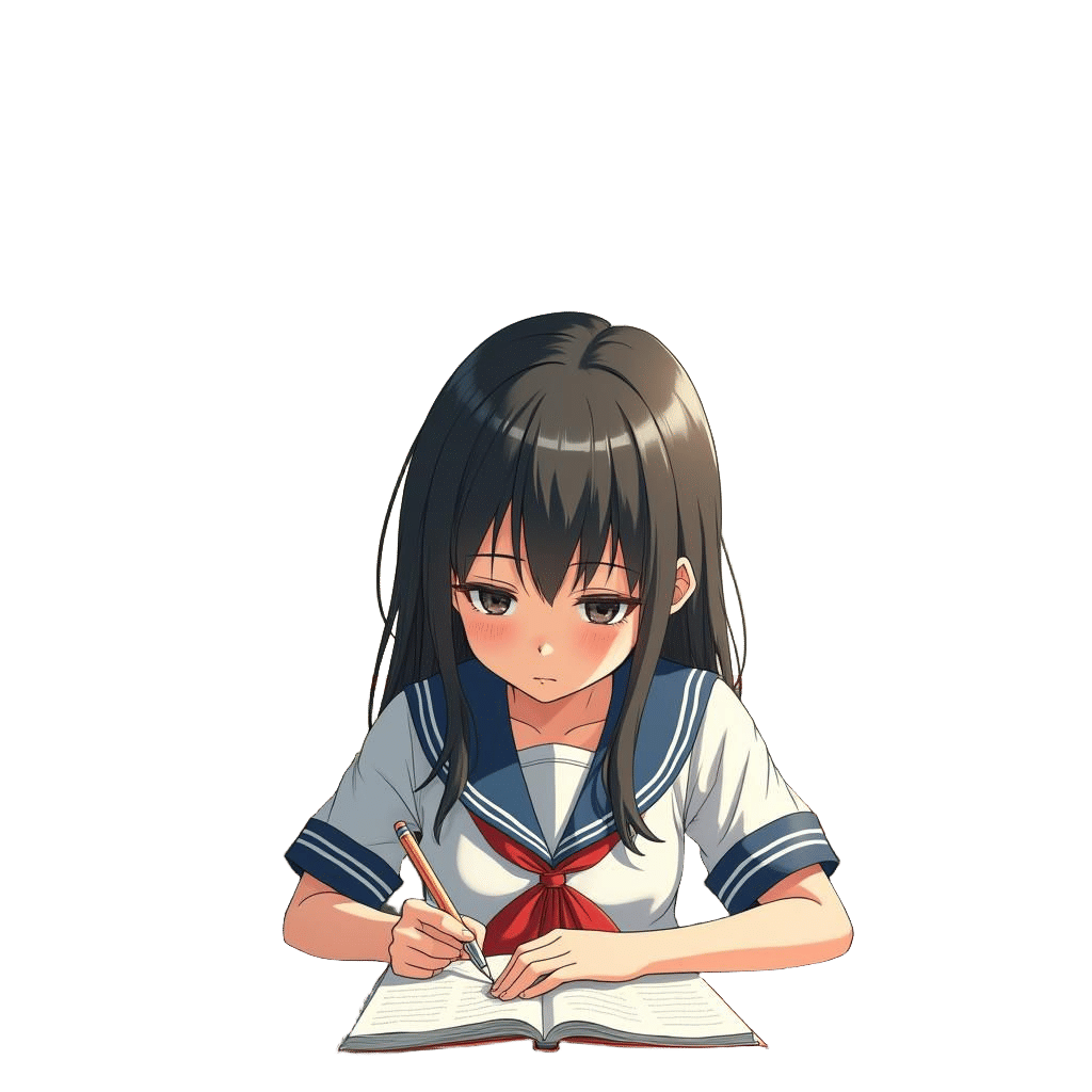 Concentrating Student with Exams Sign in Anime Style