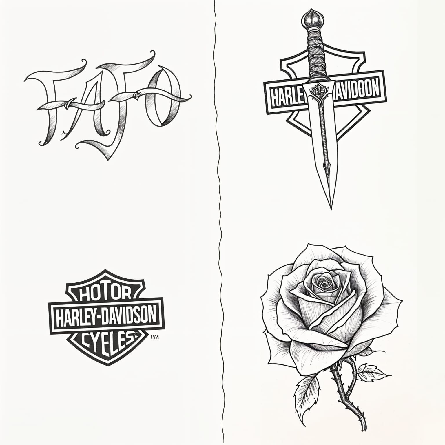Tattoo Style Sketches Featuring FAFO, Dagger, Rose, and Harl...