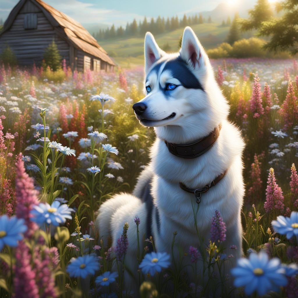 Husky in Wildflower Field: Fantasy Matte Painting