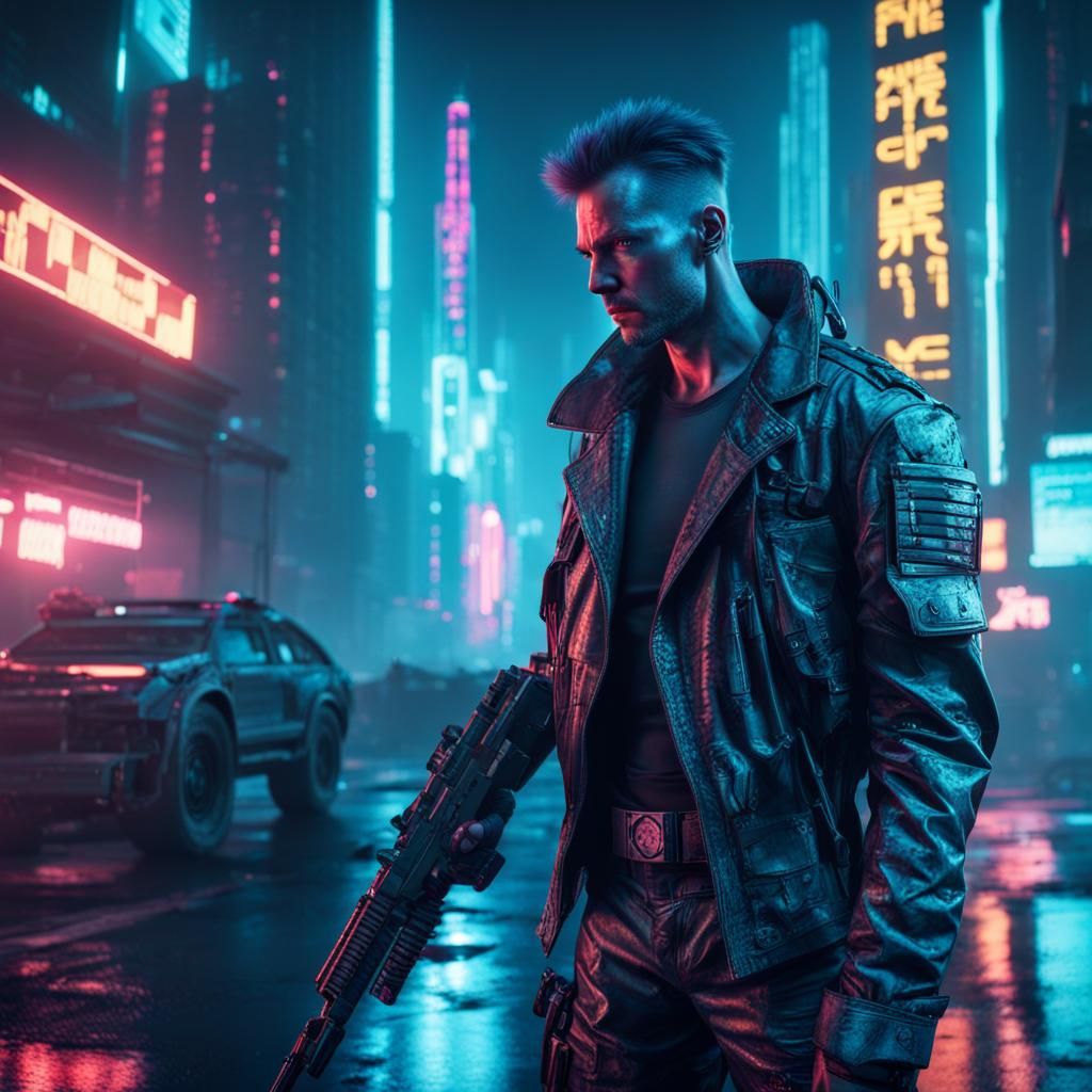 Cyberpunk Terminator in Neon Lit Sci-Fi Battlefield
