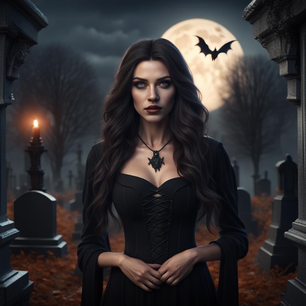 Young Witch Portrait in Graveyard, Detailed Matte Painting