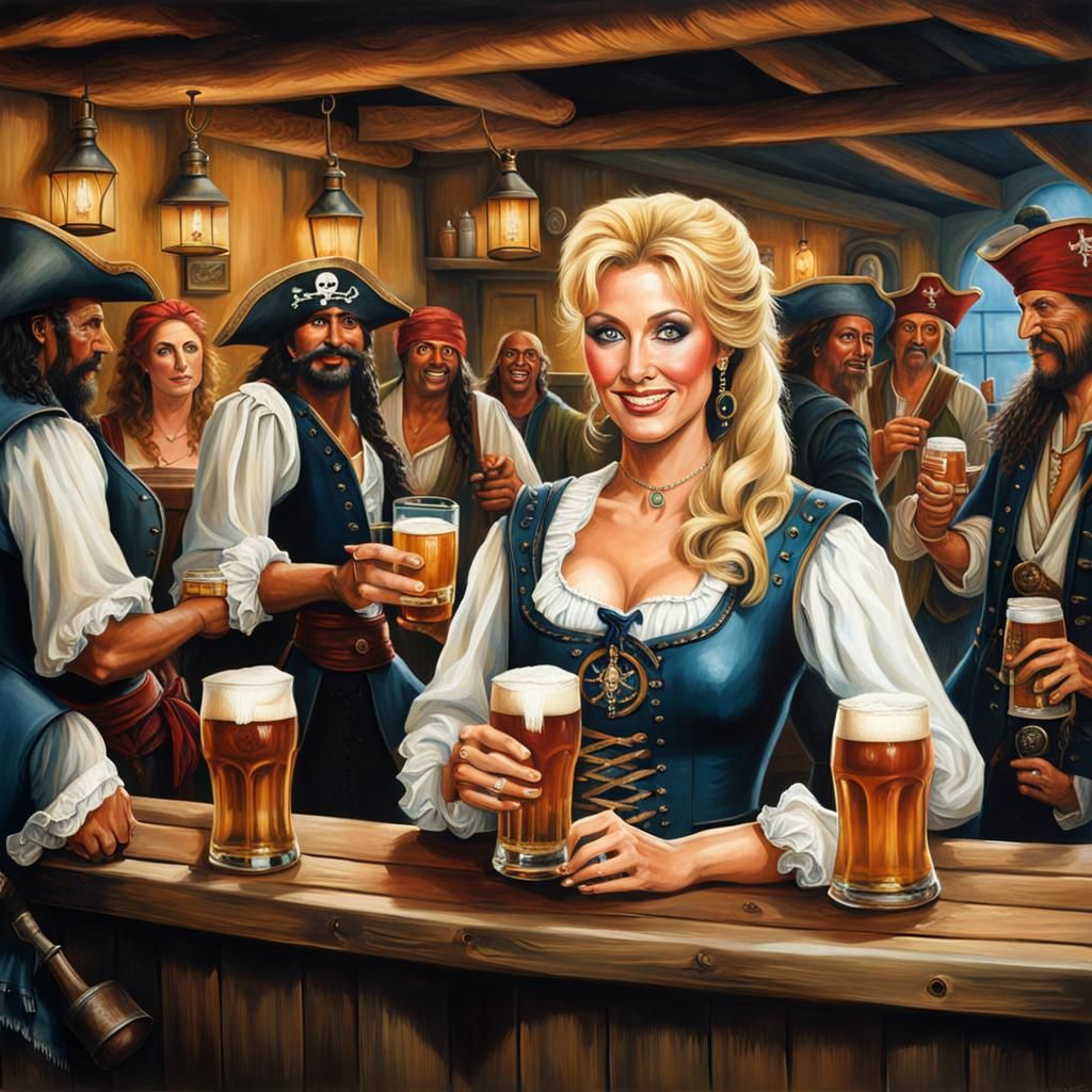 Barmaid Serves Pirates in Caribbean Tavern