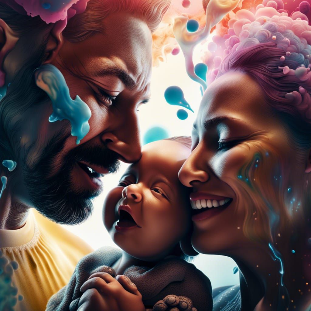 Joyful Parents Holding Newborn in Inkblot Style