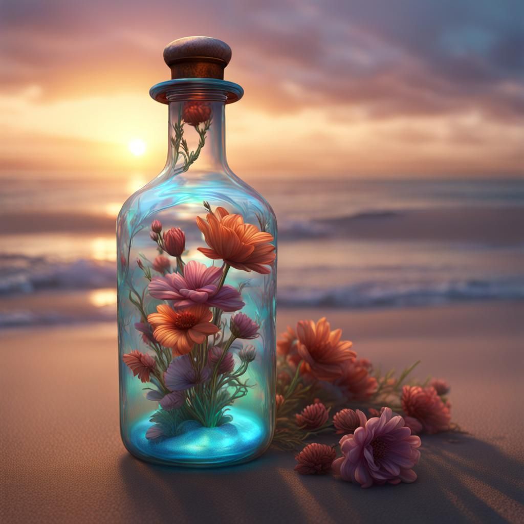 Holographic Flowers in Antique Bottle, Digital Art