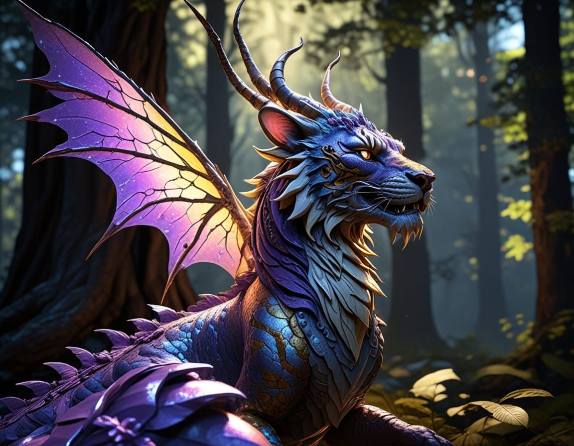 Majestic Fairy Dragon Tiger in Enchanted Forest Art Nouveau