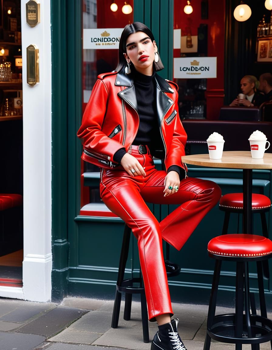 Dua Lipa in 80s Leather Outfit, London Cafe