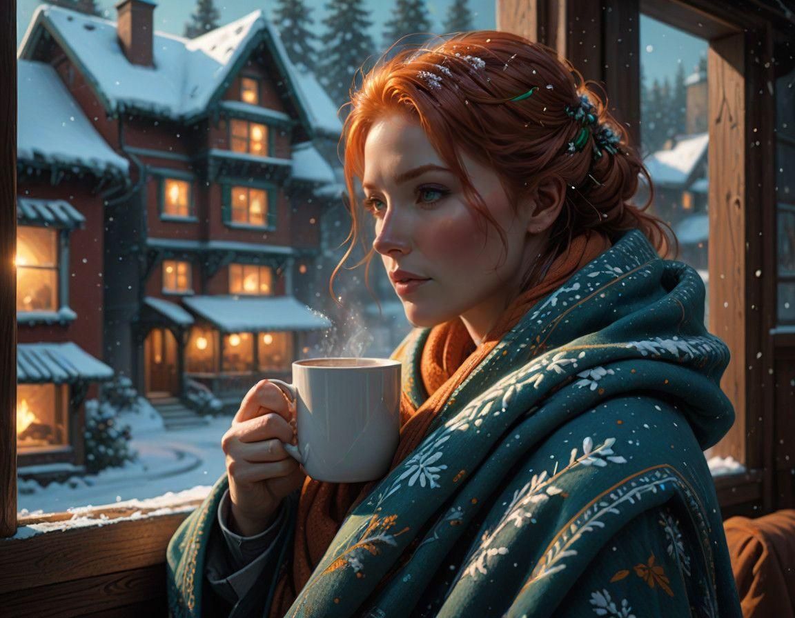 Cozy Winter Scene in Vibrant Orange and Teal Colors