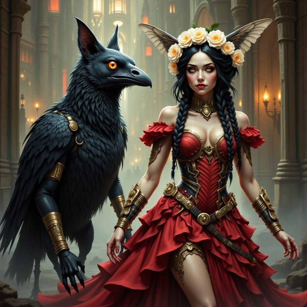 Moth Woman and Crow in Dark Magic Style