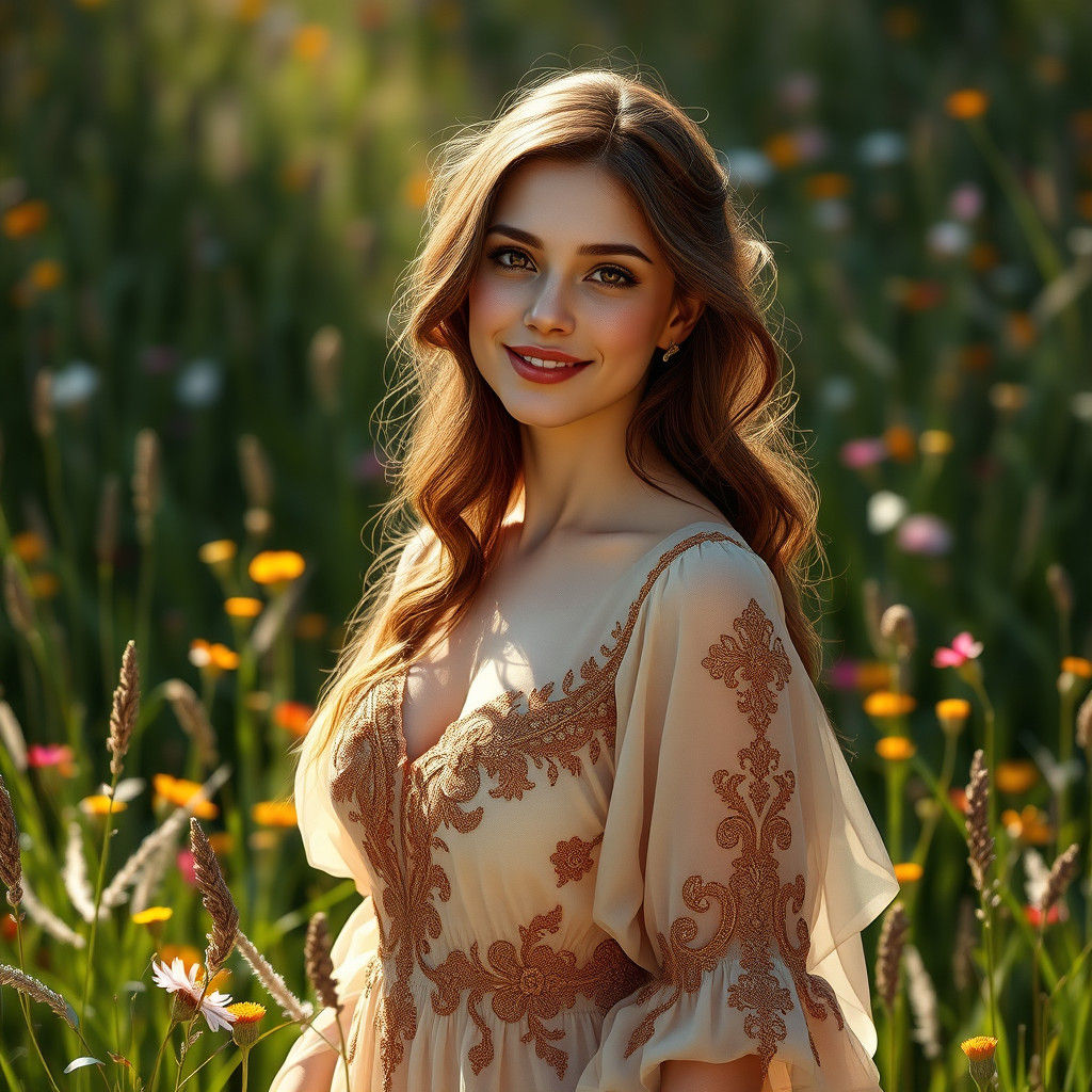 Woman in Wildflower Field: Art Nouveau Concept Art