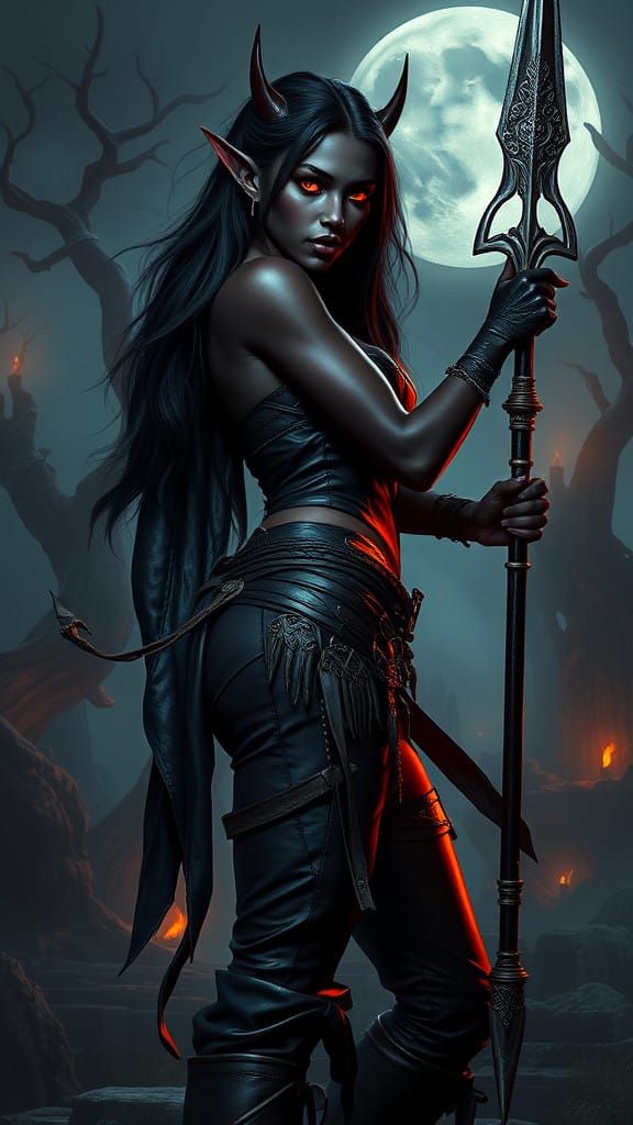 Dark Fantasy Huntress with Ebony Skin and Elven Ears