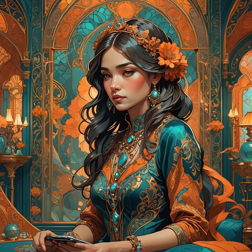 Woman Social Networking in Art Nouveau Style