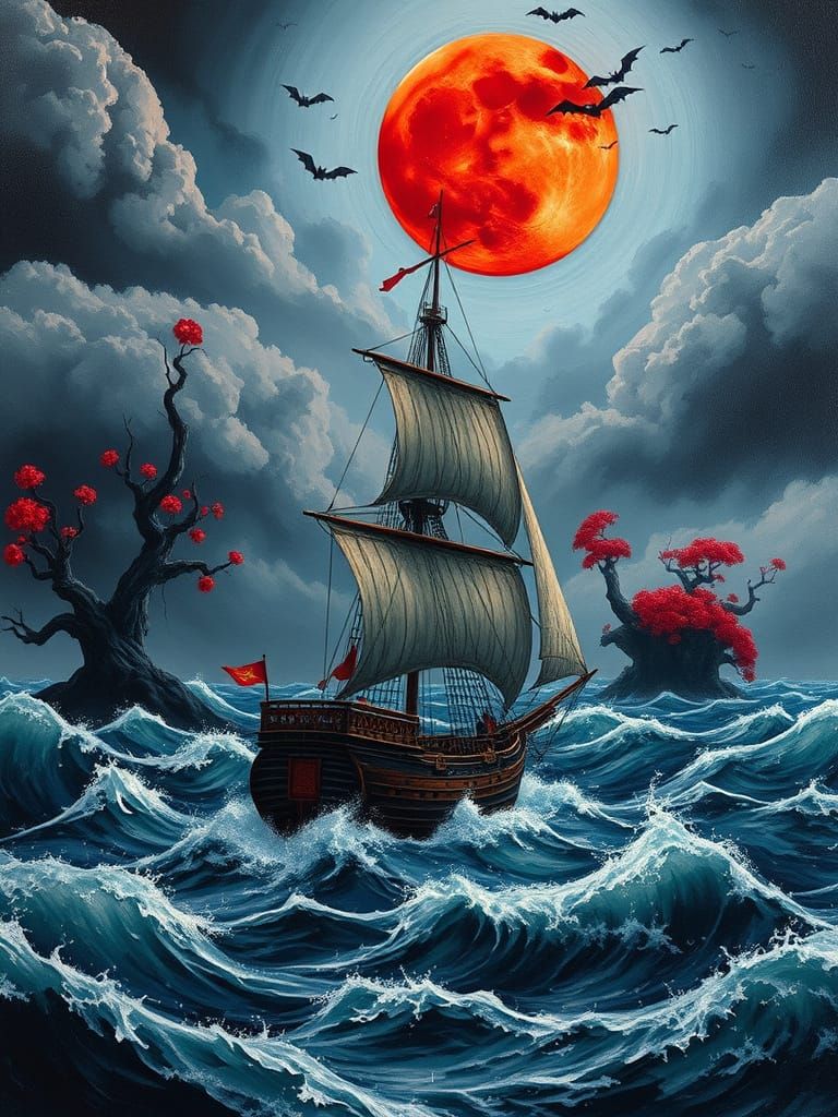 Chinese Ship Sails Under Red Moon, Beksiński Style