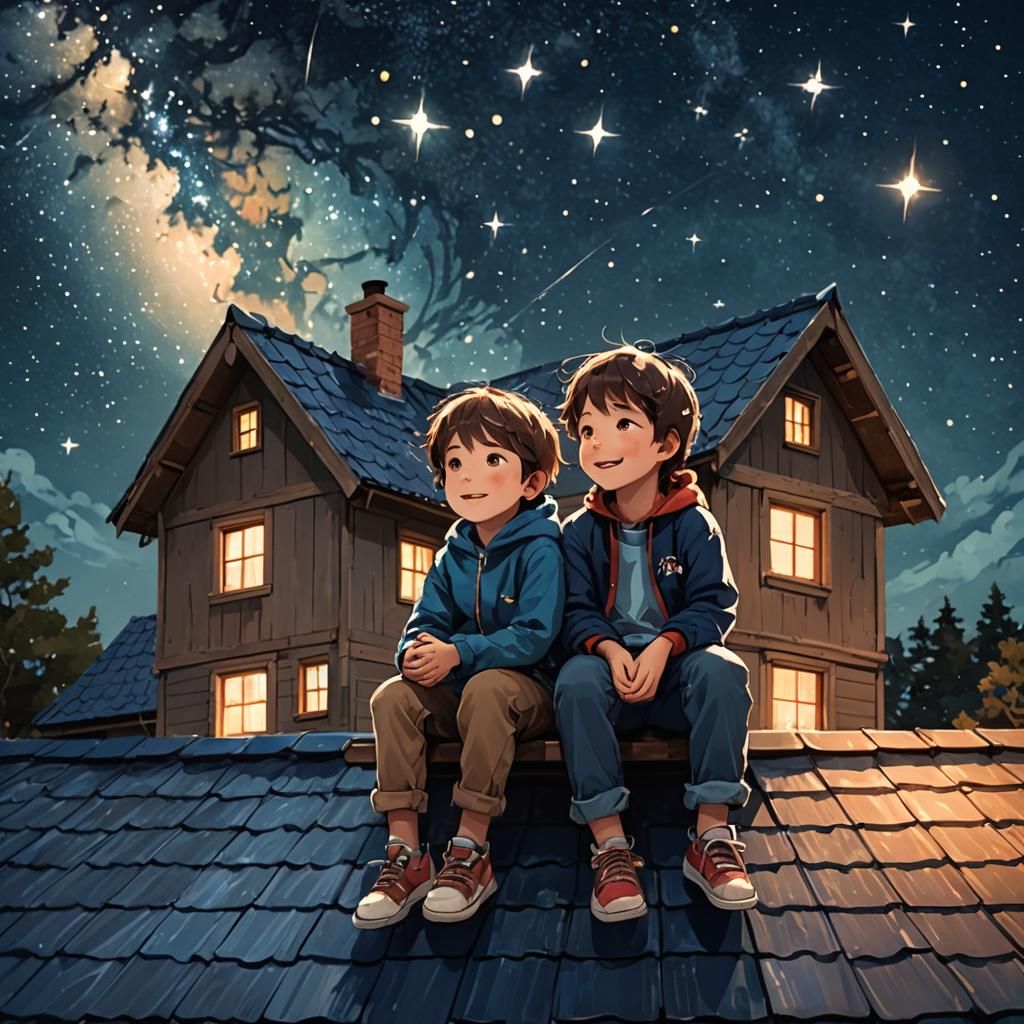 Children Watching Stars on Rooftop at Night