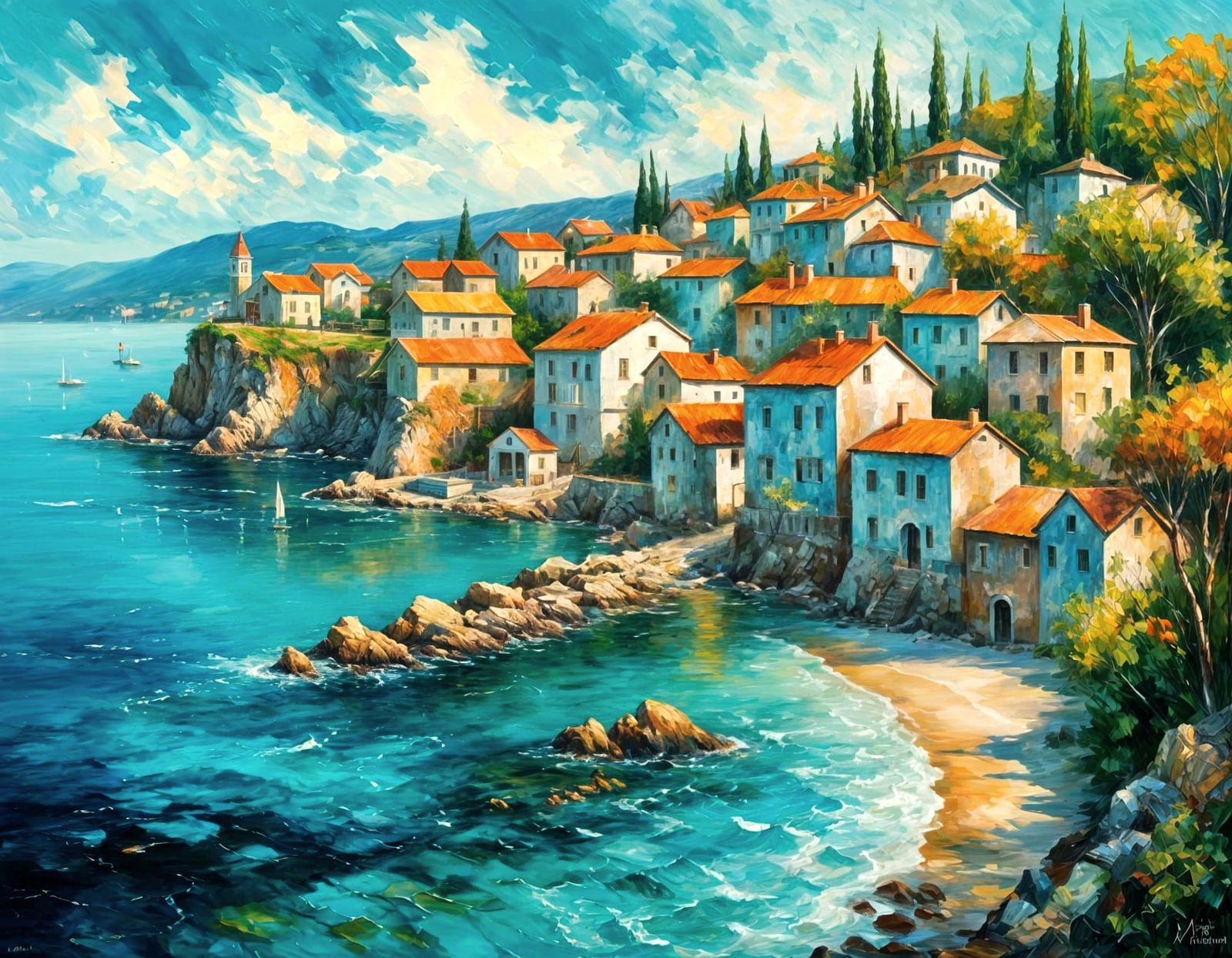 Coastal Village Oil Painting in Impasto Style