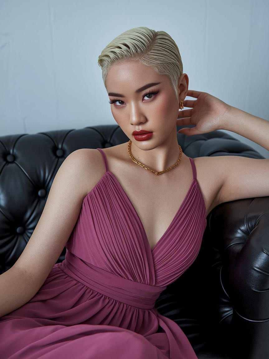Elegant East Asian Woman in Fuchsia Dress