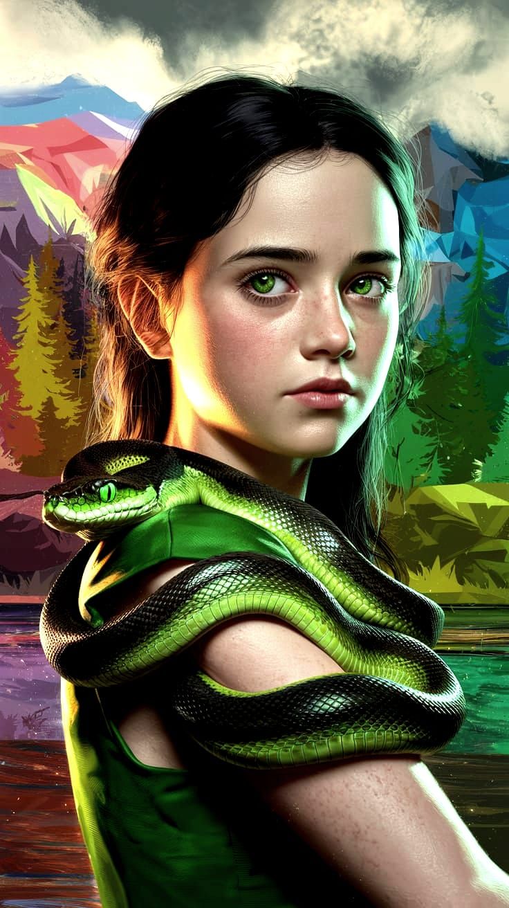 Hyperrealistic Green-Eyed Irish Girl Surrounded by Snake and...