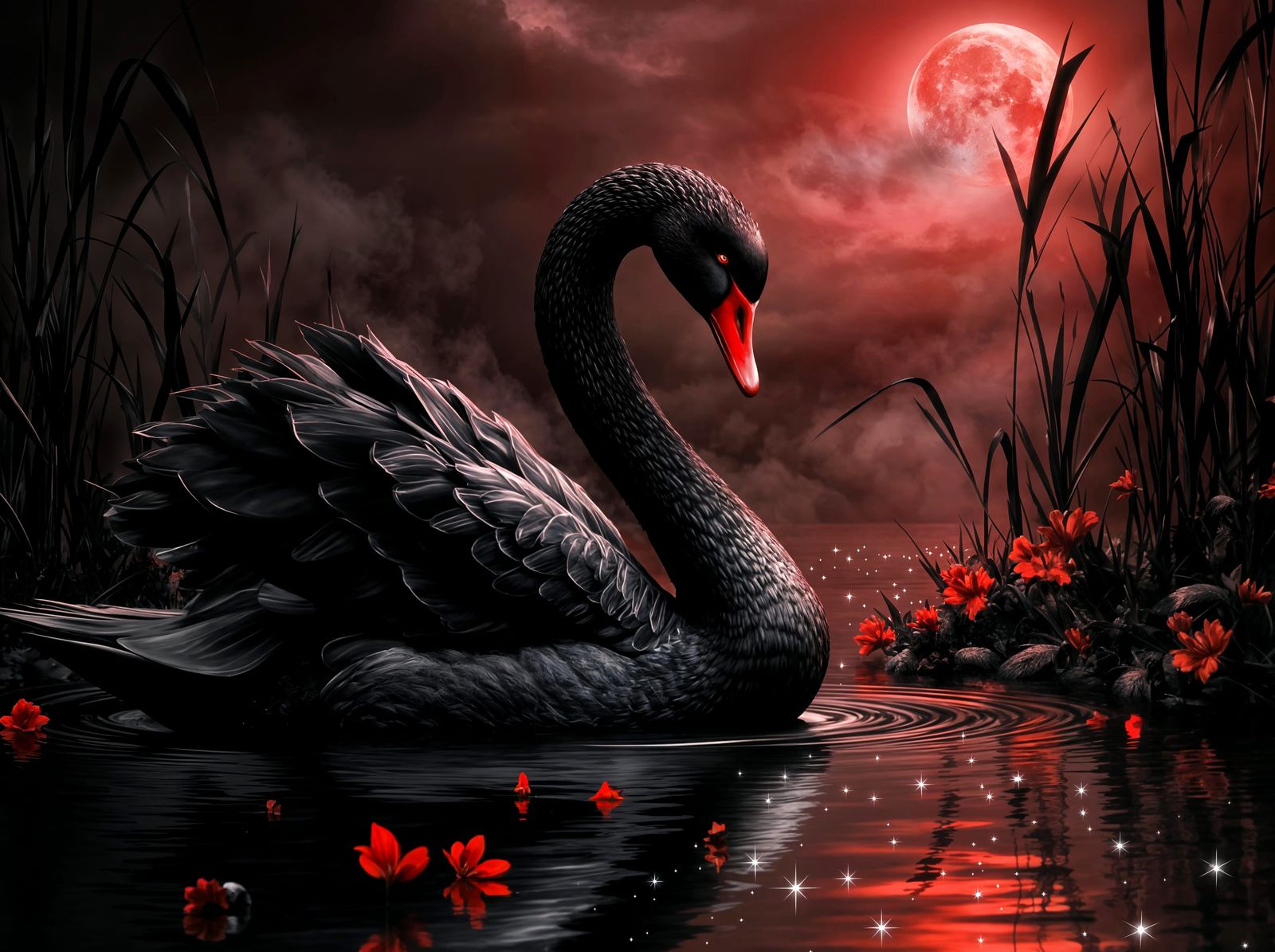 Black Swan Amongst Reeds in Gothic Moonlight