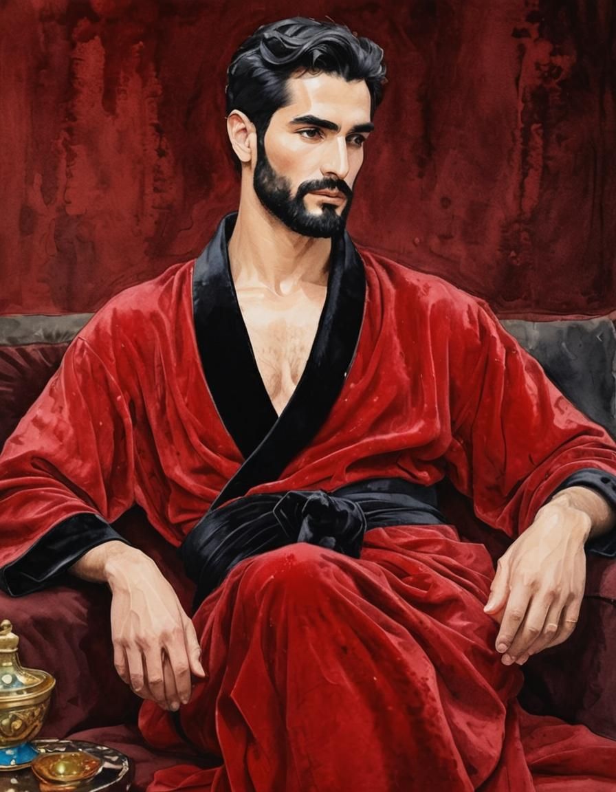 Elegant Man in Red Velvet Robe, Impressionist Style