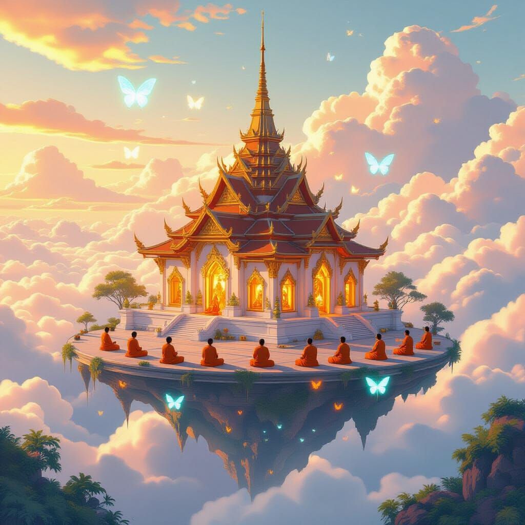 Futuristic Thai Temple in the Sky: Ghibli-Inspired