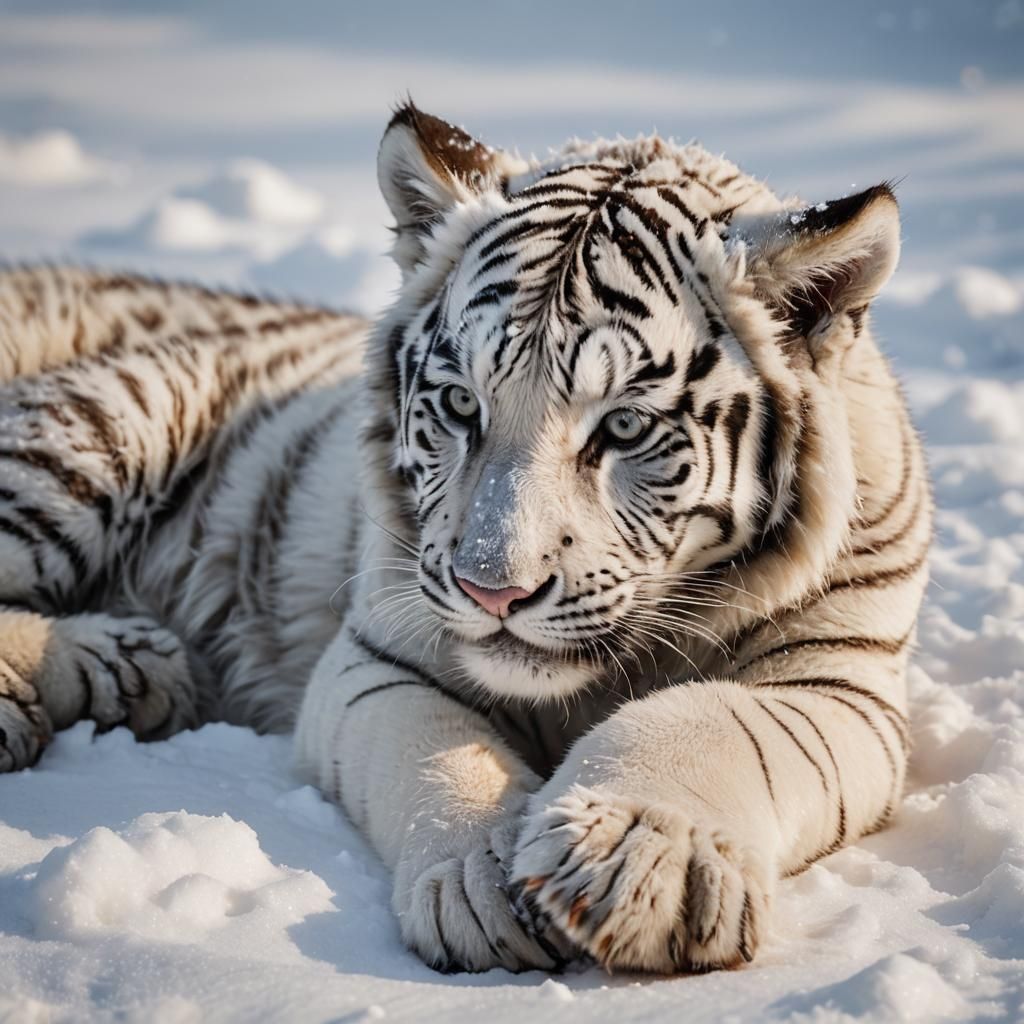 Baby White Siberian Tiger in Snow: Wildlife Photography