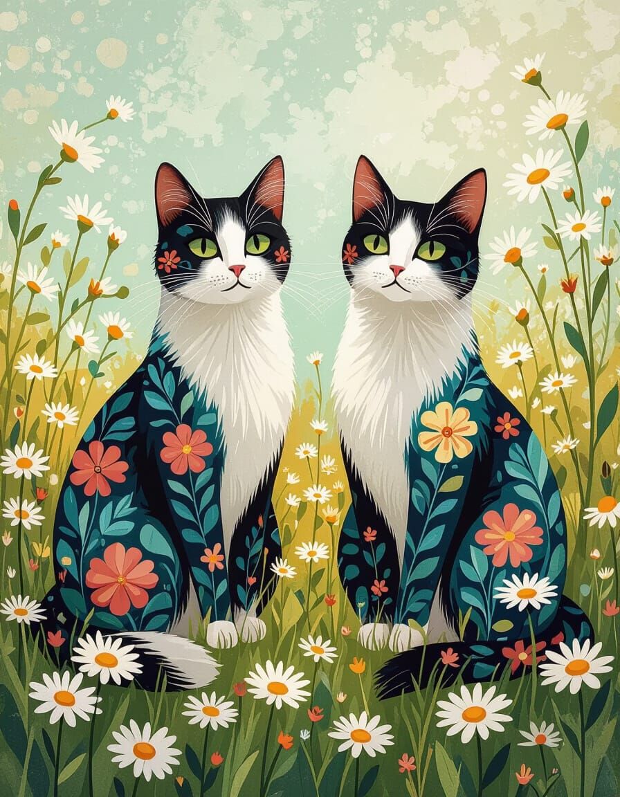 Floral Cats in Sunny Meadow, Watercolor Art