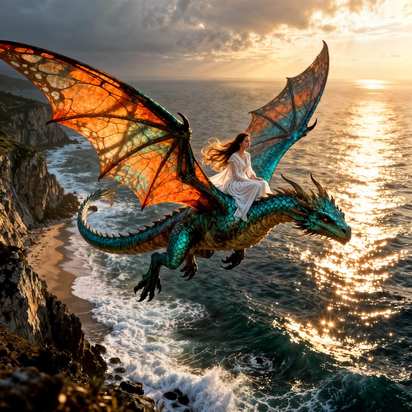 Majestic Dragon with Rider Over Oceanic Coastline