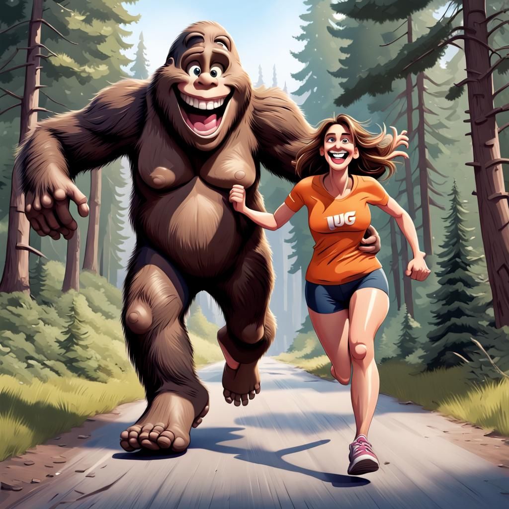 Bigfoot's Playful Chase: A Cartoon-Style Encounter
