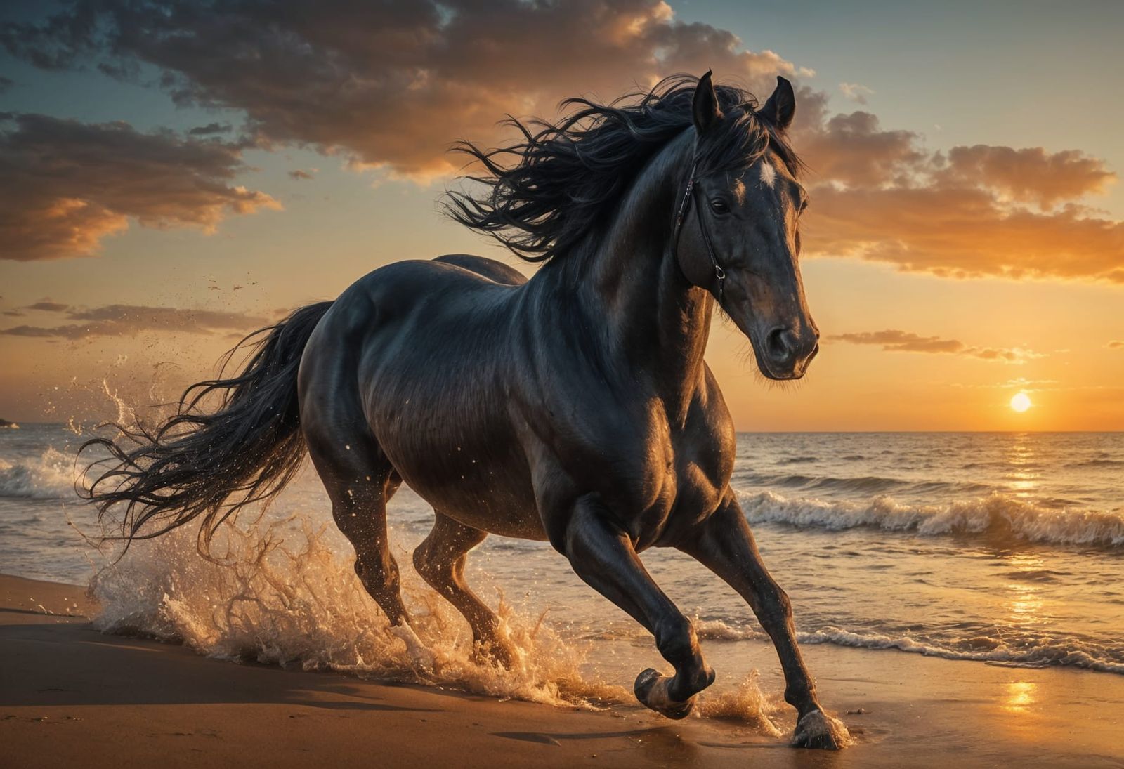 Black Arabian Horse Galloping at Sunset: Cinematic Photo
