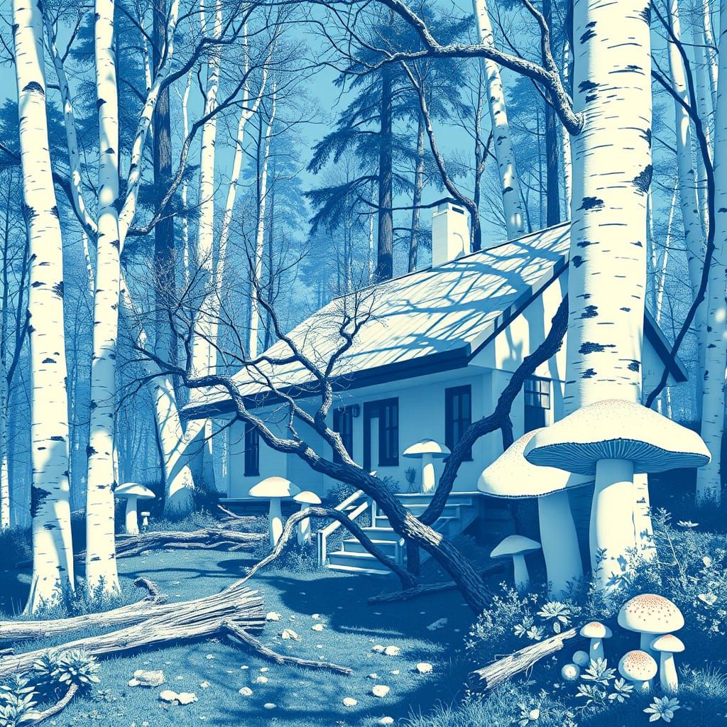 Dreamlike Linocut Cabin in Vibrant Blue and White