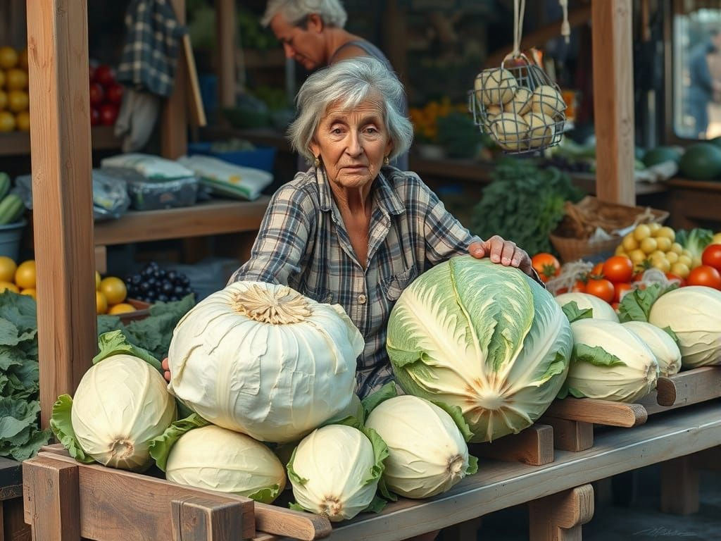 Elderly Woman Selling Cabbage: Oil Painting