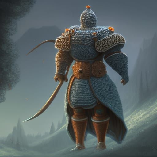 Knitted Knight in Yarn Ball Fantasy Art