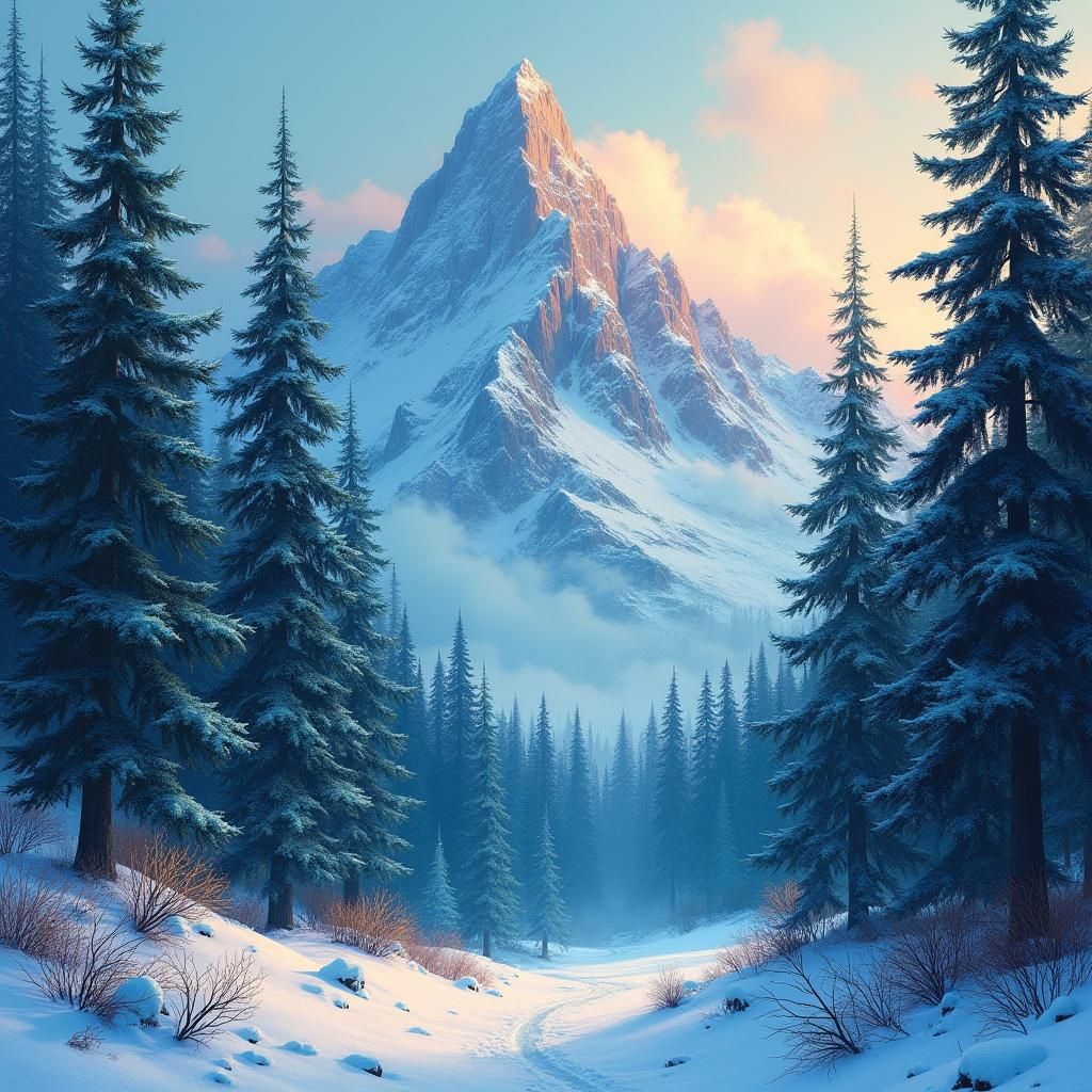 Snowy Winter Forest and Mountain Landscape
