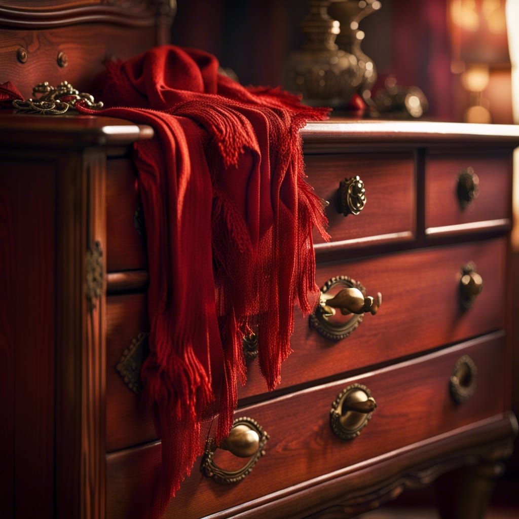 Red Scarf on Antique Dresser, Detailed Matte Painting