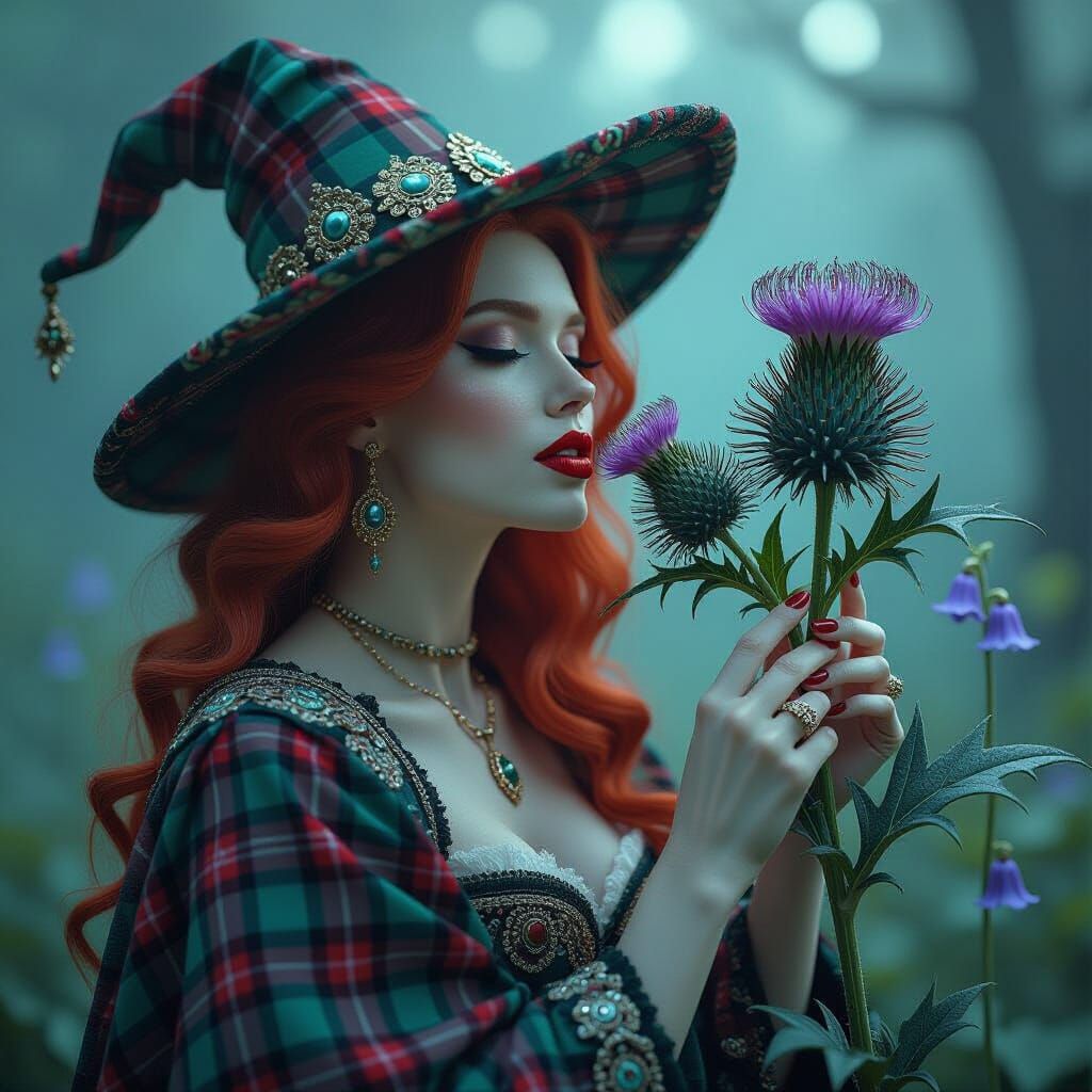 Redhead Femme Fatale in Tartan Witch Hat with Thistle