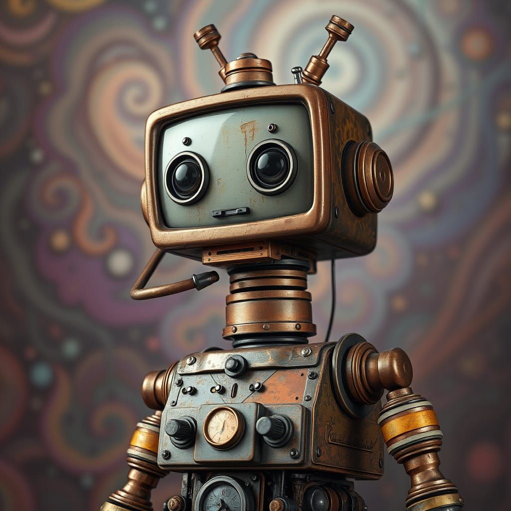 Whimsical, Steam-Powered Robot with TV Head and Celestial Ba...
