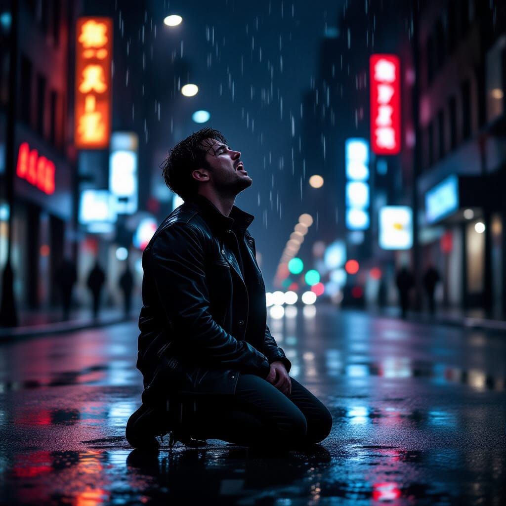 Man's Despair on Rain-Swept Street, Neon Lights