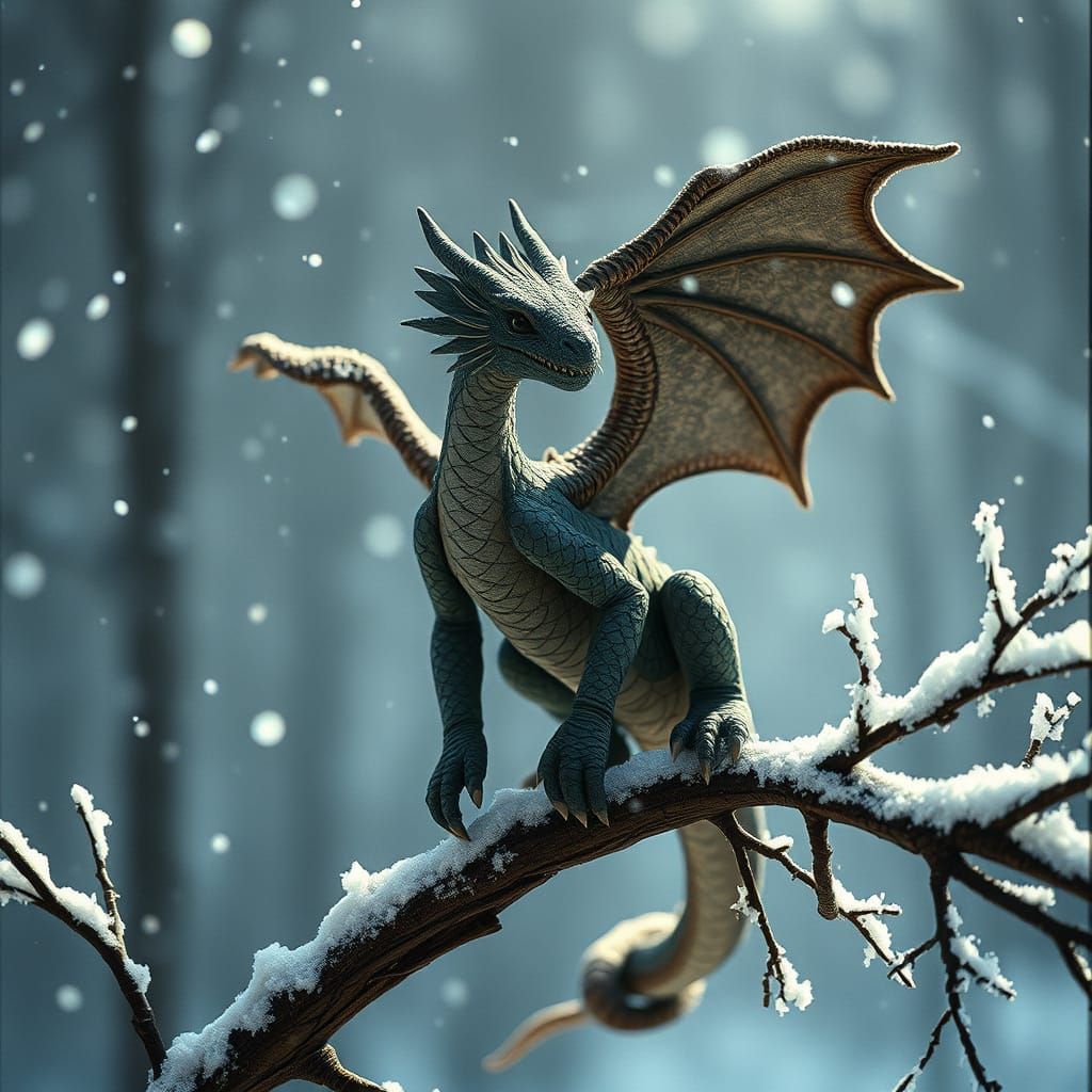 Majestic Fabric Dragon in Snowy Forest Landscape