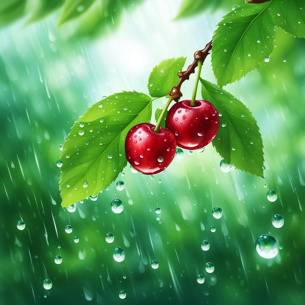 Cute Cherry Branch in Rain, Digital Art
