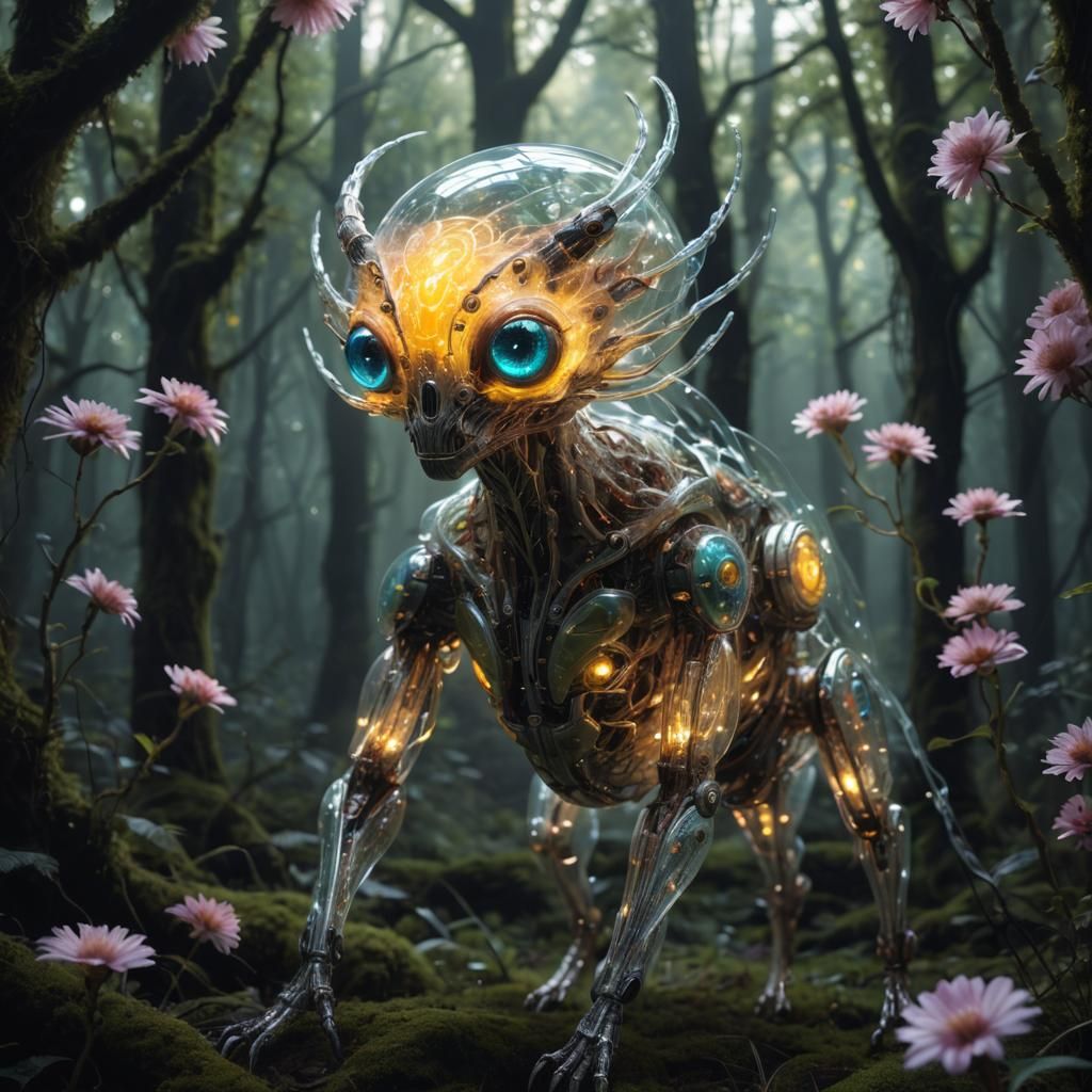 Glowing Glass Circuit Creature in Alien Forest