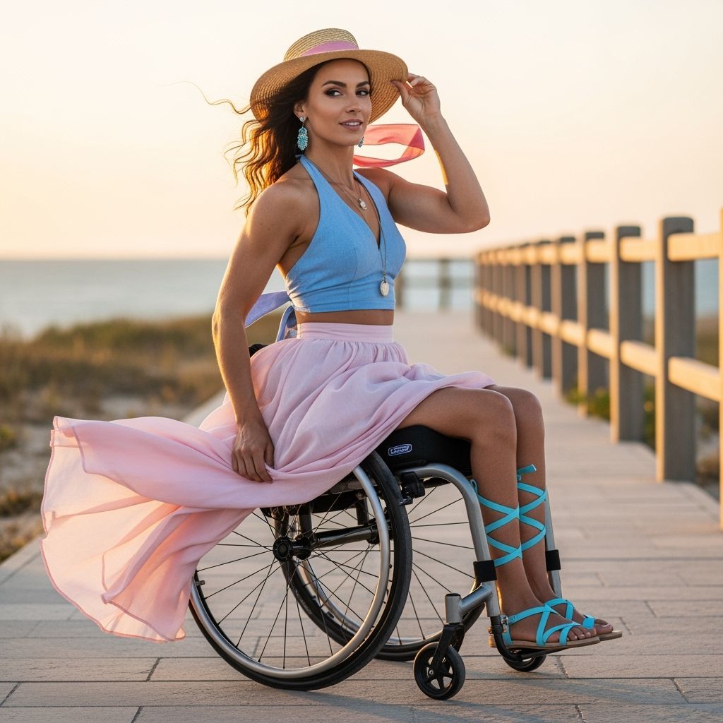Woman in Wheelchair on Shoreline at Sunset