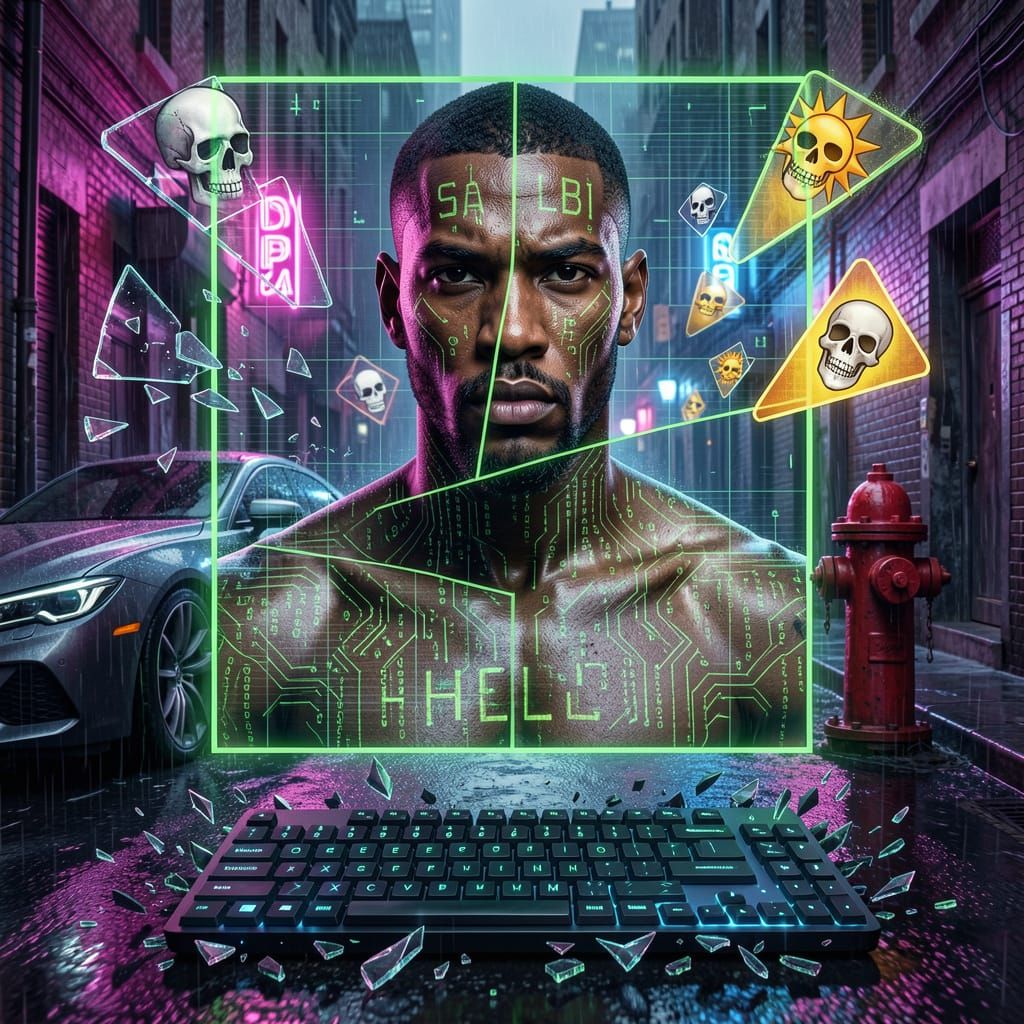 Cybernetic Israel Adesanya in Neon Alley, Tech Collage