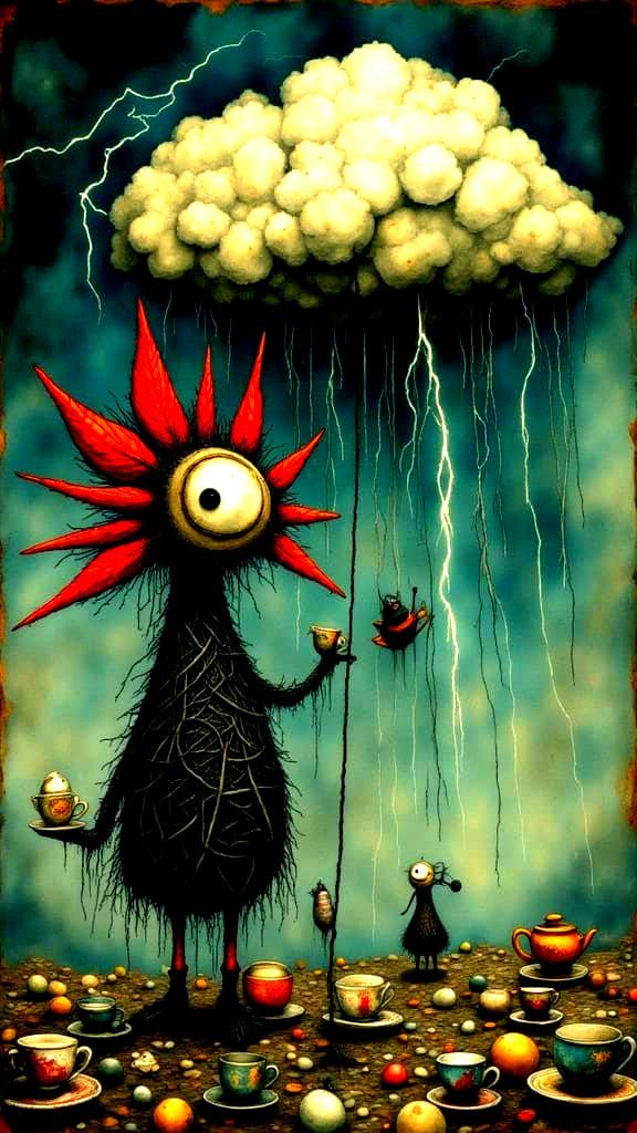 Whimsical Yarn Creature Knitting a Storm Cloud