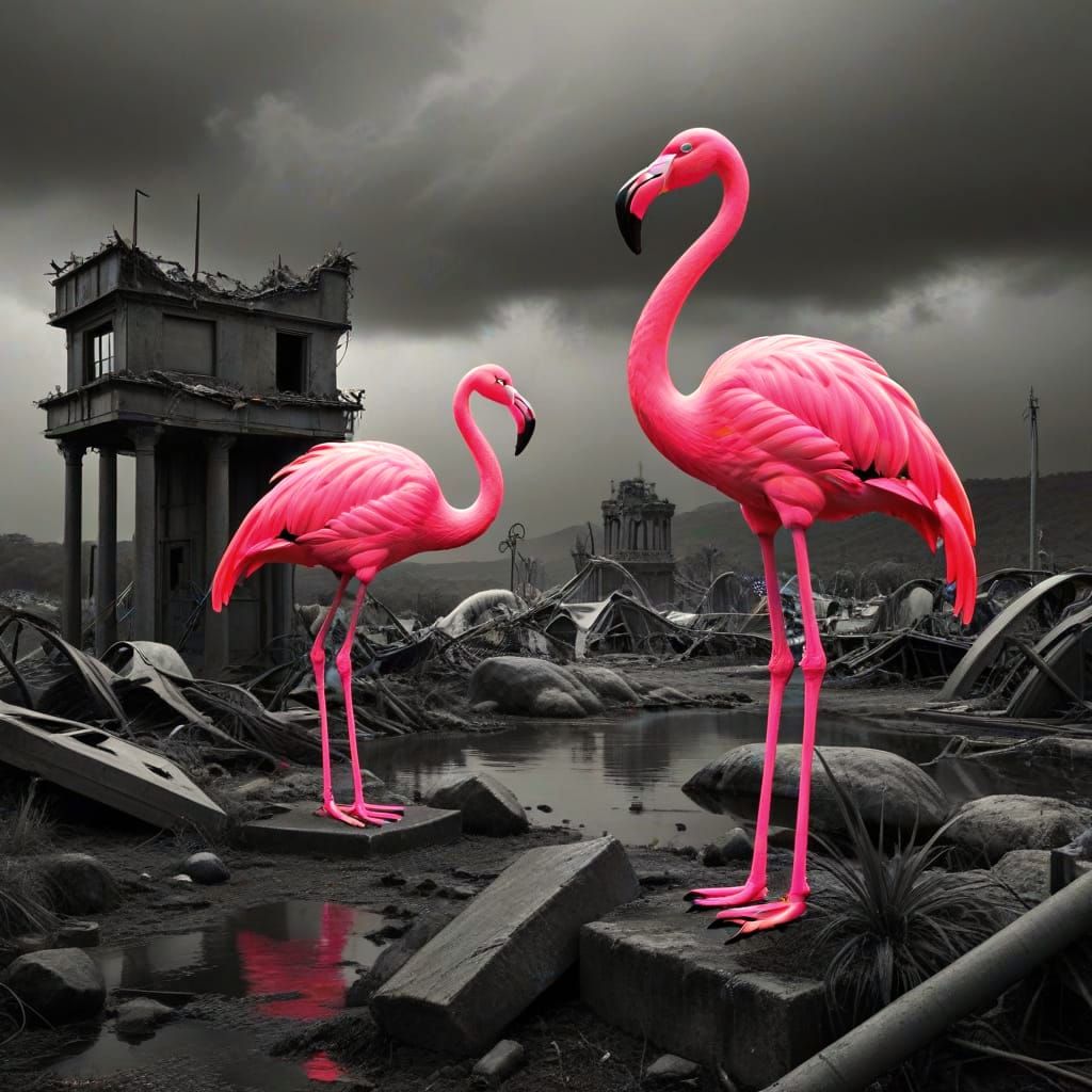 Neon Pink Plastic Flamingo Emerges in Ruins