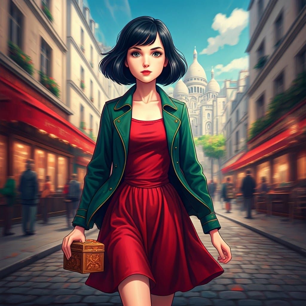 Anime-Style Heroine Amelie in Montmartre, 4K Artwork